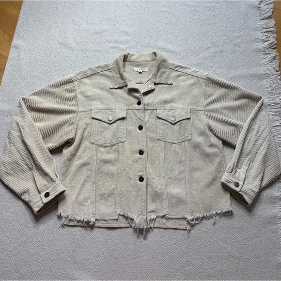 12th Tribe Cream Corduroy Crop Asymmetric Raw Hem Trucker Jacket M - Picture 2 of 8